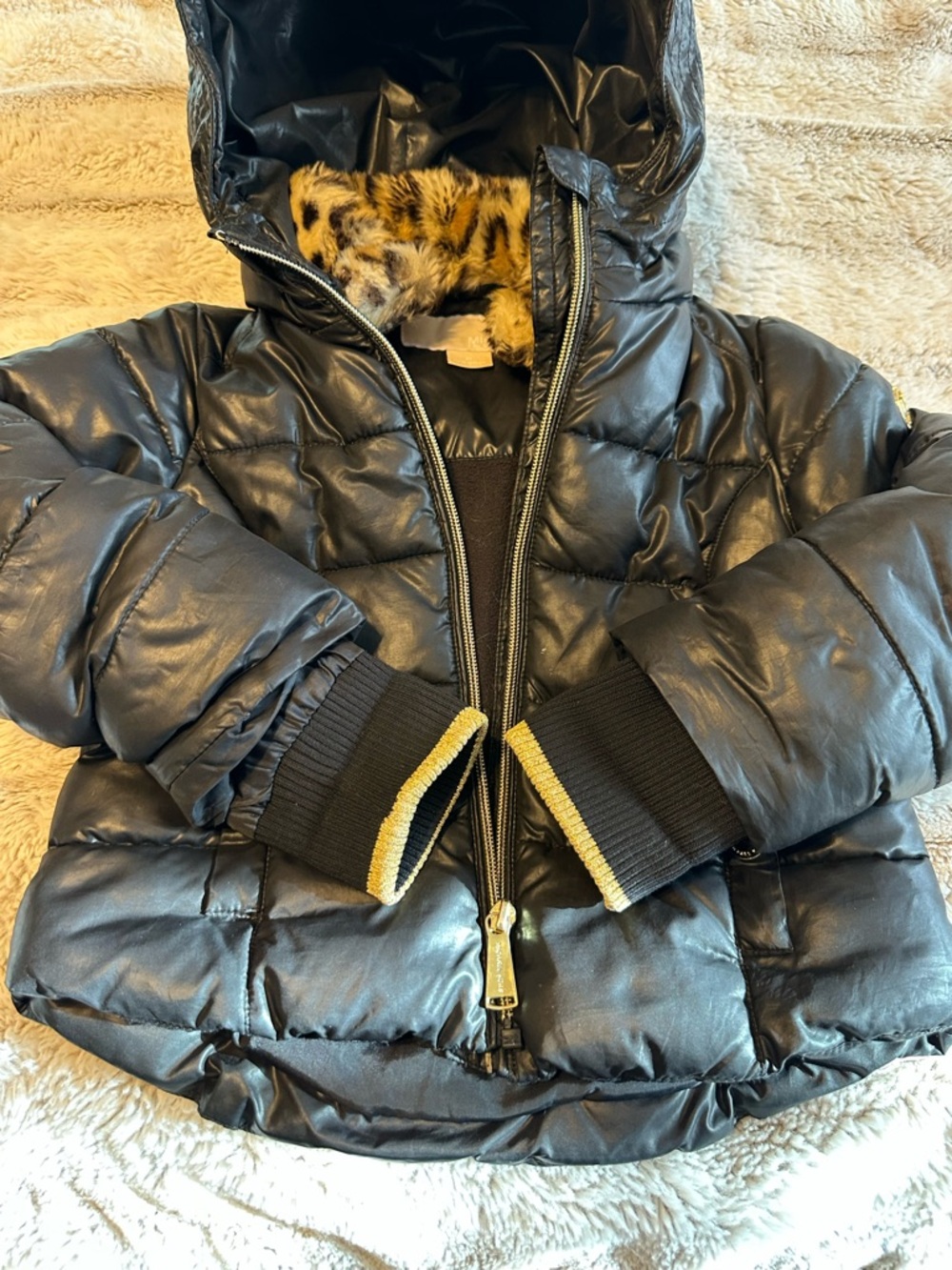 MICHAEL Michael Kors Black Puffer Jacket with Leopard Faux-Fur Hood